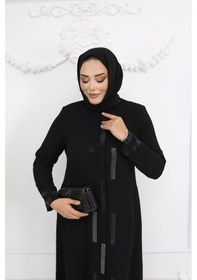 Resim Efelif Siyah Taş Işlemeli Fermuarlı Büyük Beden Kadın Ferace - Ahsen Ferace Siyah 