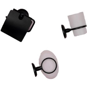 Resim Banyo Aksesuarı 3 lü Set Tuvalet Kağıtlıgı +Sabunluk + Diş Fırçalık Plastik Siyah Duvara Monte 