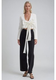 Resim Büyük Fiyonk Detaylı Derin V Yaka Crop Blazer Ceket 6188 Beyaz 