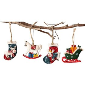 Resim Adet Noel Ağacı Süsleri Sevimli Noel Ağacı Süsleri Mini Retro Noel Çorapları, Kızak Ve Sallanan At 
