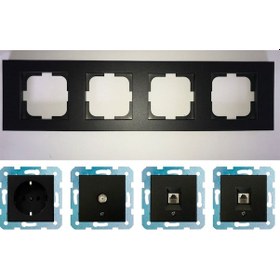 Resim Ovivo Grano Siyah Dörtlü - Tv - Nümeris (Telefon) - Data Cat 6 Internet- Topraklı Priz 