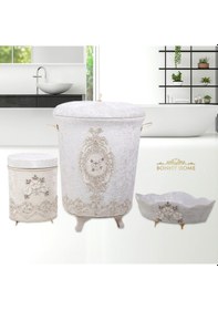 Resim Lisa Krem 3Lü Kadife Banyo Kirli Çamaşır Sepeti Seti Krem 