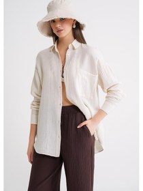 Resim Mixray 3833 Kadın Oversize Cepli Müslin Gömlek Naturel 