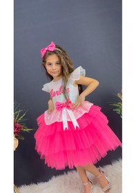 Resim Barbie Beyaz Taçlı Kız Çocuk Doğum Günü Parti Elbisesi Abiye - Beyaz 