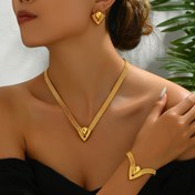 Resim 3lü Set Vintage Kabile Tarzı Geometrik V-Yaprak Kolye, Bileklik ve Küpe, 18K Altın Kaplama Bakır Takı, Düğünler, Balolar ve Tüm Mevsimler için Hediye 
