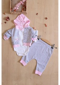 Resim Kız Bebek Tavşan 3 Lü Kapişonlu Bebek Takım Seti Stl6418 Gri - Pembe 