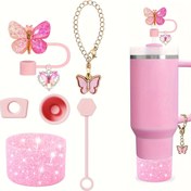 Resim 6 adet Silikon Su Şişesi Bardak Aksesuar Seti - 1 adet Kelebek Pipet Üstü Kapağı, 3 adet Sızdırmaz Tıkaç, 1 adet Bardak Botu ve 1 adet Kelebek Şanslı Zincir içerir - Noel, Cadılar Bayramı, Sevgililer Günü Hediyeleri için idealdir, Şenlikli İçecekler | Kelebek Tasarımı | Dayanıklı Silikon, Termal Şişe Aksesuarı, Şişe Aksesuarı, Pipet Kapağı 