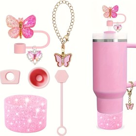 Resim 6 adet Silikon Su Şişesi Bardak Aksesuar Seti - 1 adet Kelebek Pipet Üstü Kapağı, 3 adet Sızdırmaz Tıkaç, 1 adet Bardak Botu ve 1 adet Kelebek Şanslı Zincir içerir - Noel, Cadılar Bayramı, Sevgililer Günü Hediyeleri için idealdir, Şenlikli İçecekler | Kelebek Tasarımı | Dayanıklı Silikon, Termal Şişe Aksesuarı, Şişe Aksesuarı, Pipet Kapağı 