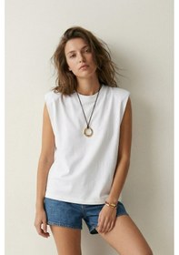 Resim Elemge %100 Pamuk Süprem Tok Kumaş Kadın Oversize Beyaz T-shirt Geniş Omuzlu Dökümlü Kolsuz Bol Kalıp 