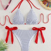 Resim Petek Desenli Renk Bloklu Üçgen Halter Bağlama Askılı Sırt Açık 2 Parça Bikini Mayo Takımı, Kadın Mayo ve Giysileri 