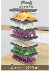 Resim Meleni Home 6 Adet Dikdörtgen Erzak Saklama Kabı - Mikrodalgaya Uygun Düzenleyici Organizer 1900 ML Gri 