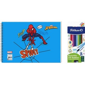 Resim Spider-man 17x25 Spiralli Resim Defteri - Pelikan 12li Kuru Boya 2'li Set 3 Çok Renkli 