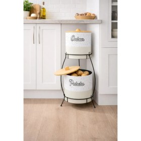 Resim Feyza Design Bambu Kapaklı Metal Patates ve Soğanlık, Taş Desenli, Standlı, Şık Tasarım 