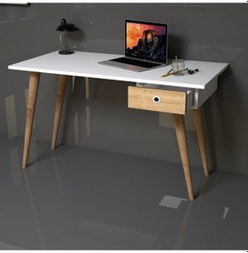 Resim Emkawood Emkawood Tina Masif Ayaklı Çekmeceli Safir Çalışma Masası Beyaz - Meşe 