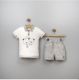 Resim Yazlık Mobil Kravatlı Ayıcık Nakışlı Bebe2'li Erkek Takım Gri 