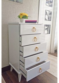 Resim Şifonyer 5 Çekmece Beyaz/Altın 