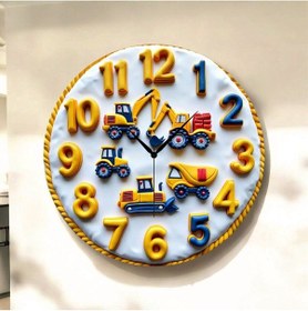 Resim Çocuk Araba İş Makina Renkli Baskı Desenli Sayılı Hediyelik Ahşap Sessiz Tablo Duvar Saati 120 Renkli 