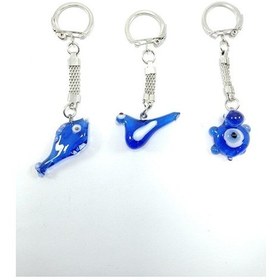 Resim Cam Nazar Boncuğu Anahtarlık Üçlü Set El Yapımı Kuş + Balık + Kap 