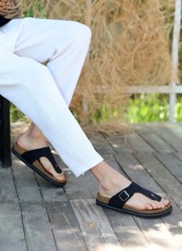 Resim GRADE Hakiki Crazy Deri EVA Taban Parmak Arası Ortopedik Tasarım Erkek Terlik Sandalet 