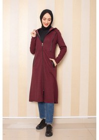 Resim İbrahim Burak Etiler Collectıon Cepli Kapşonlu Tesettür Kap Bordo Bordo 