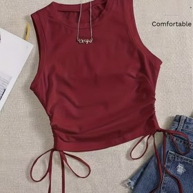 Resim Kadınların Zarif Düz Renk Kolsuz Atleti, Bağcıklı Detaylı - Rahat Yuvarlak Yaka, Hafif Polyester, Bahar/Yaz/Sonbahar İçin Mükemmel, Bahar Yaz Üstü | Minimalist Tarz | Yapı 