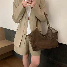 Resim Öne Çıkan Kadınlar İçin Şık Örgü File Tote Çanta - Geniş Kapasiteli Zeytin Yeşili Omuz Çantası, Sabit Askılı ve Tokalı Kapatma, Dayanıklı Polyester, İşe Gidiş-Geliş, Tatil, Günlük Kullanım & Seyahat için, Zarif Aksesuar, Minimalist Tasarım, Yüksek Kalite Kumaş, Moda Tutkunları 