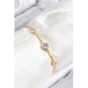 Resim Pirinç Zirkon Taşlı Daire Model Gold Renk Asansörlü Kadın Bileklik 
