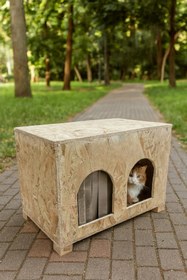Resim Reyo Pet OSB Ahşap Kedi Evi Çift Bölmeli, Dış Mekan Kullanıma Uygun CaT50 