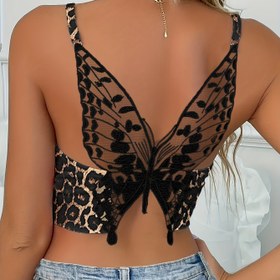Resim Kadınlar için Leopar Desenli File Arka Açık Crop Top, Kelebek Tasarımı - Esnek Spagetti Askılı Yazlık Atlet, Nefes Alabilir ve Şık, Günlük veya Parti Giyim için, Parti Kıyafeti, Arka Açık Tasarım, File Kumaş 