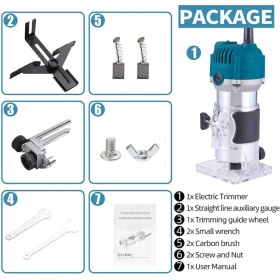 Resim 3000W 6 Kademe Devir Ayarlı Formika Traşlama El Tipi Freze Makinası Pens 6mm + Yedek Kömür 