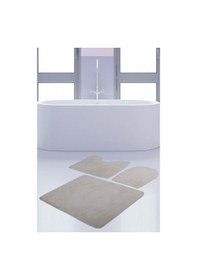 Resim Unicolor Düz Krem 3'lü Banyo Paspası Halısı Seti Kaymaz Deri Taba Krem 