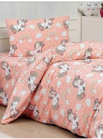 Resim Pamuklu Ranforce Kumaş Çarşafı Lastikli Unicorn Desen Tek Kişilik Nevresim Takımı Somon 