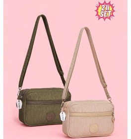 Resim Westbag Kadın Çapraz Askılı Üç Gözlü Fermuarlı Krinkıl Günlük Omuz Çantası 2'li Set Bej - Haki 