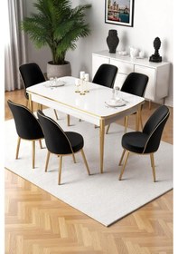 Resim Canisa Nira Serisi 70x114 Mdf Açılabilir Beyaz Mutfak Masa Takımı 6 Siyah Sandalye Gold Detay Masa Beyaz Sandalye Siyah Ayaklar Gold 