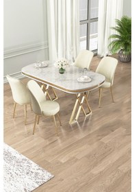 Resim Canisa Lai Serisi 90x168 Lak Panel Beyaz Mermer Desen Masa Ve 4 Krem Sandalye Gold Kaplama Ayak Beyaz Mermer Desen Masa Krem Sandalye Ayaklar Gold 