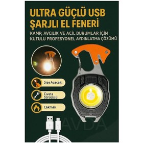 Resim Yeni Nesil Kamp Feneri Çok Fonksiyonlu Fener Anahtarlık Usb Çakmaklı Cam Kırıcı Kemer Kesici Açacak Turuncu - Siyah 