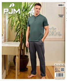 Resim Pijamoni Erkek Düğme Yaka Kısa Kol Penye Pijama Takımı 6880/1 - 1 Adet Yeşil 