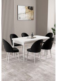 Resim Milas Beyaz 80x132 Mdf Açılabilir Yemek Masası Takımı 6 Adet Sandalye Siyah 