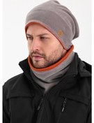 Resim Erkek Polar Dış Kaşkorse Pamuklu İç Kısım Çift Renk Çift Katman Katlanabilir Bere Boyunluk Takım - Standart / Gri-kiremit Gri-kiremit 