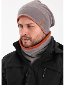 Resim Erkek Polar Dış Kaşkorse Pamuklu İç Kısım Çift Renk Çift Katman Katlanabilir Bere Boyunluk Takım - Standart / Gri-kiremit Gri-kiremit 