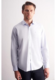 Resim İmza Mavi Yarım İtalyan Yaka Uzun Kol Premium Slim Fit %100 Pamuk Gömlek 1004255197 Mavi 