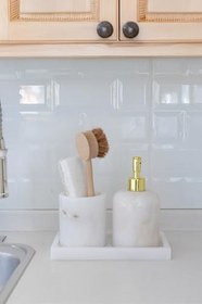 Resim Mermer Beyaz 3 Parça Banyo Seti Mutfak Sıvı Sabunluk Seti 