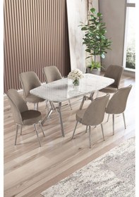 Resim Canisa Lena Serisi 90x160 Lak Panel Beyaz Mermer Desen Krom Ayaklı Masa Takımı Ve 6 Cappucino Sandalye Beyaz Mermer Desen Masa Sandalyeler Cappucino 