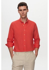 Resim Ds Damat Slim Fit Nar Çiçeği Düğmeli Yaka %100 Pamuk Yazlık Flamlı Keten Görünümlü Gömlek 6HC02ORT63265 Narçiçeği 