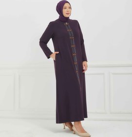 Resim Önü Çift Şeritli Taş İşlemeli Büyük Beden Ferace Mürdüm | 206648 - 52 / Mürdüm 