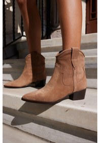 Resim Yamal Kadın Bej Gercek Suet Western Kısa Bot Desert Açik Kahve 