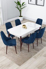 Resim Canisa Lia Serisi 80x132 Açılabilir Mutfak Masası Takımı Beyaz Ceviz Masa 6 Lacivert Sandalye 