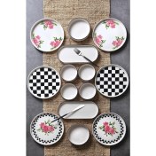 Resim Mediterian 14 Parça 6 Kişilik Seramik Damar Düz Damalı Kahvaltı Takımı Lüx Sunum Seti 