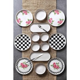 Resim Mediterian 14 Parça 6 Kişilik Seramik Damar Düz Damalı Kahvaltı Takımı Lüx Sunum Seti 