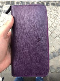 Resim Unisex Mor Hakiki Deri Telefon Bölmeli Kartlıklı Cüzdan El Portföyü Mor 